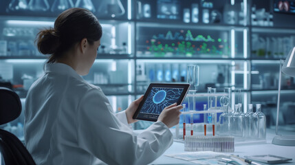 A rendering of a nutritionist's office where a worker is using a tablet to analyze a client's genetic data, with holographic charts and graphs displaying personalized dietary recommendations