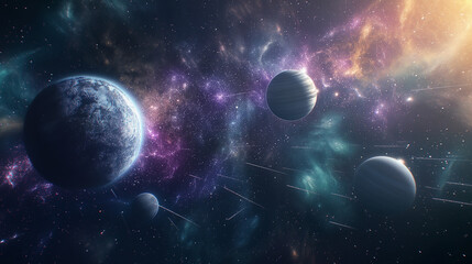 planet in space. A scene of an outer space landscape with colorful planets, swirling galaxies, and shooting stars, creating a visually stunning and otherworldly backdrop