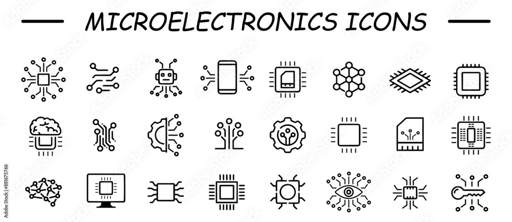 Wall mural microelectronics icon set. chip computer. engineering electronic micro scheme computer system board 