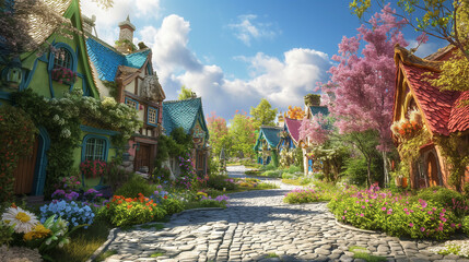 Obraz premium park in the city, A colorful of a village with streets, and gardens, all set under a bright, sunny sky with fluffy clouds