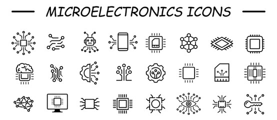 Microelectronics icon set. Chip computer. Engineering electronic micro scheme computer system board vector icon set