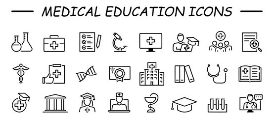 Medical education web icon set in line style. Medicine, college, student, learning, book, collection. Vector illustration.