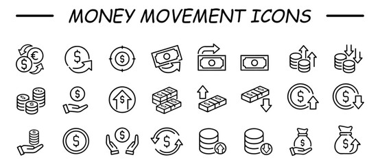 Simple set of money movement related vector line icons. Contains such icons as profit, cash back, gain, loose and more.