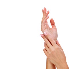 "Flawless Elegance: Captivating Close-Up of Female Hand with Perfect Manicure on White Background"
