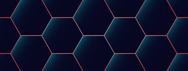 Blue cells pattern background. Dark hexagon grid texture with red lining. Dark blue and red background.