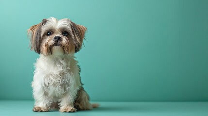 A cute Shih Tzu relaxing sitting on a pastel green background with space above for text