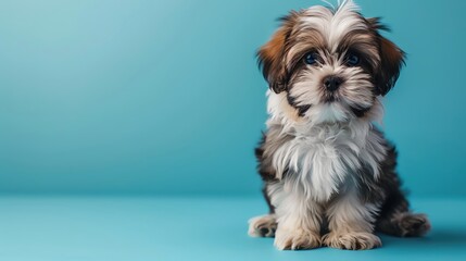 A cute Shih Tzu puppy sitting on a baby blue background with space above for text