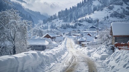 Snow-covered mountain village accessible only by a narrow road, isolated and picturesque, epitomizing the quiet of winter.