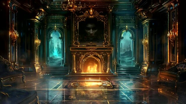 Old fashioned luxury room with fireplace and ghost. Seamless loop video background
