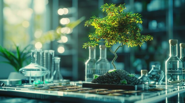 A robust tree growing out of credit cards in a lab, detailed background, symbolizing economic experimentation, set in a modern scientific setting