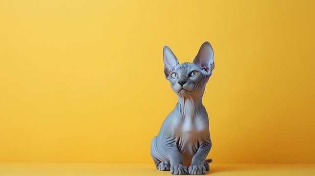 A cute Sphynx cat relaxing sitting on a pastel yellow background with space above for text