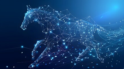 A hologram of a horse. A horse made up of polygons, triangles, points, and lines. Horse low-poly compound structure. The technology concept.