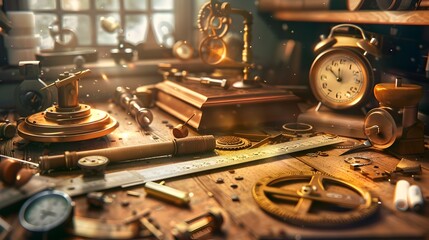 Steampunk Inventor's Cluttered Workshop with Winter Savory Tape Measure