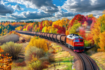 Fototapeta premium Diesel freight train pulls wagons through a autumn or fall landscape, rail transport of goods between cities or countries, export and import of goods, land transport.