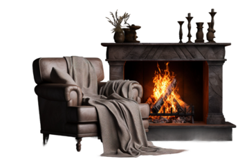 Cozy Chair Beside Crackling Fireplace on White or PNG Transparent Background.