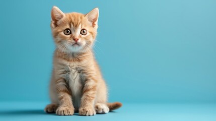 Obraz premium A cute Scottish Fold kitten sitting on a pastel blue background with space above for text