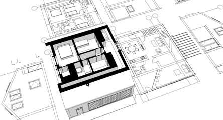 house traditional architecture plan 3d illustration