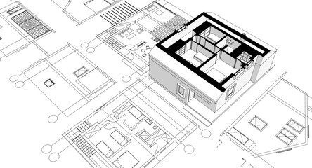 house traditional architecture plan 3d illustration