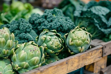 A pile of different types and colors of green vegetables including artichokes, cabbage, and kale in an old wooden crate at the market, with a blurred background, shot with a Canon EOS R5 camera using 