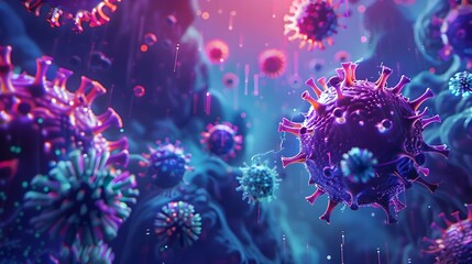 Neon Swirling Influenza Virus Cells in Biological Fluid with Futuristic Cityscape