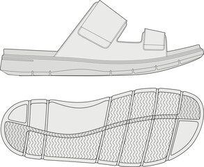 Strap sandal outline drawing vector, flip-flop design, side and outsole view
