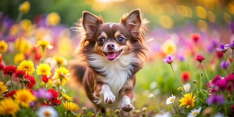 Adorable chocolate long coat Chihuahua dog runs freely in a vibrant flower field, surrounded by colorful blooms, with a joyful and carefree expression.
