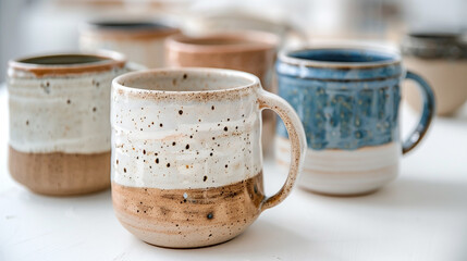 Handmade ceramic mugs on a white background