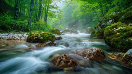 Obraz premium Serene River Flowing Through a Misty Forest