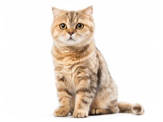 Obraz premium Scottish Fold cat with folded ears sitting cutely on pure white background, cat breeds, unique and adorable