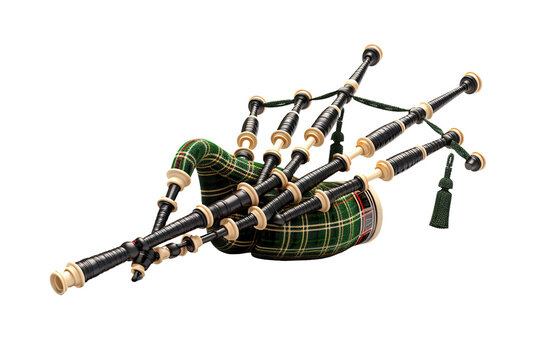 Enchanted Melodies: Bagpipe Adorned in Green and Black Plaid on White or PNG Transparent Background.