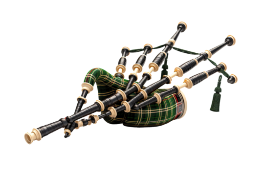 Enchanted Melodies: Bagpipe Adorned in Green and Black Plaid on White or PNG Transparent Background. - Powered by Adobe