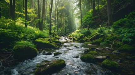 Obraz premium Sunlit Stream in a Lush Green Forest