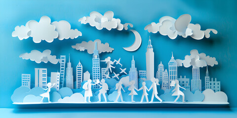 A Whimsical Paper Cutout Cityscape with Clouds and a Moon, Illustrating Imagination, Playfulness, and Urban Fantasy