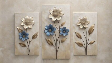 Elegant Three-Dimensional Flower Artwork - Vibrant Gold Botanical Illustration on Textured Canvas, Contemporary and Stylish Interior Art Collection