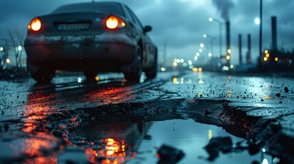 Moody Urban Night Scene with Car and Pothole Reflection - Generative AI