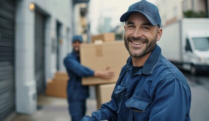 Cheerful mover in blue uniform holding a box, highlighting the efficiency and positive attitude in professional moving and delivery services
