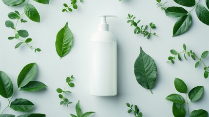 Organic Skincare Elixir: White Bottle with Pump Dispenser Surrounded by Fresh Green Leaves for Natural Beauty Concept