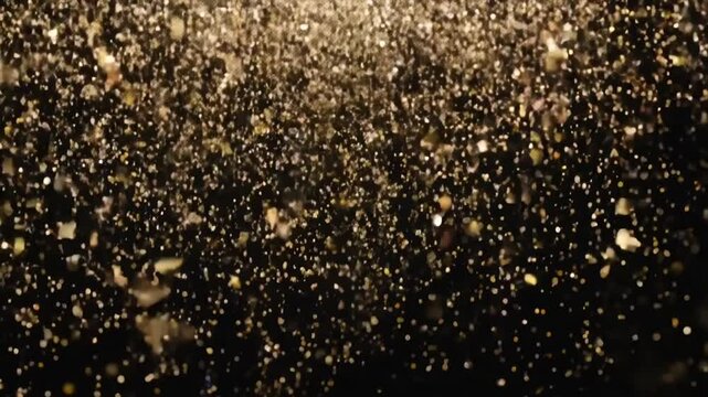 Falling gold glitter sparkles on a black background, perfect for luxury, easter celebration, or holiday themed projects, film overlay effect, motion elements, video effects