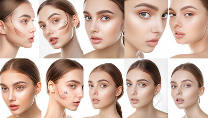 Obraz premium Beautiful woman with perfect skin on white background, collage of photos