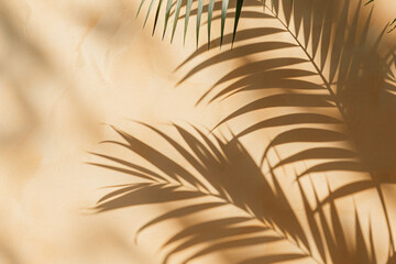 Obraz premium Photo of a shadow from palm leaves on a beige background, creating an abstract pattern. Web banner with empty space on the right in the style of copyspace.