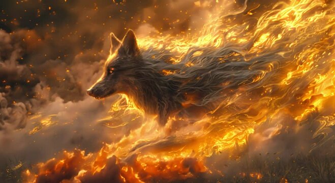 A stunning, artistic depiction of a wolf engulfed in ethereal flames, symbolizing power and mysticism in a dark, fantasy setting.