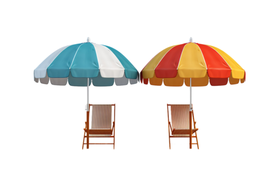Symphony of Shade: Two Chairs Under Umbrellas on White or PNG Transparent Background.