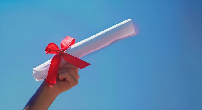Hand holding a diploma tied with a red ribbon against a clear blue sky