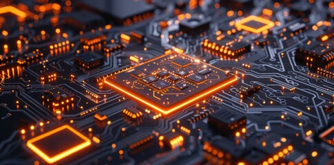 Futuristic circuit board with orange glowing microchip Located in a high-tech environment. Exhibiting advanced technology and innovation