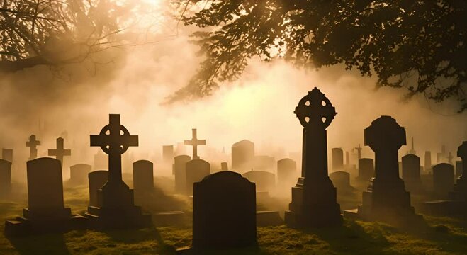 Early morning graveyard with sun through the mist and silhouette tombstones