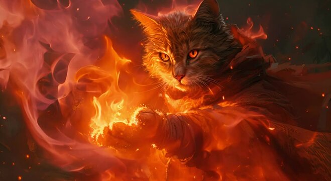 cat wizard casting fire spell