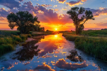 Obraz premium Stunning dawn over a picturesque view with vibrant skies, foliage, meadows and a shimmering reflection of the radiant sun.