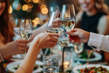 Business professionals celebrate during an elegant dinner, raising glasses and sharing smiles, capturing the spirit of networking and collaboration.