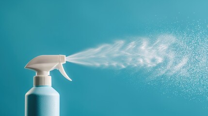 Refreshing Mist: White Spray Bottle in Motion on Blue Gradient Background