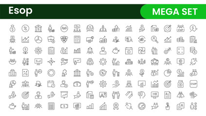 Outline icons about ESOP employee stock ownership plan. Contains such icons as company, win-win, scheme and benefits.